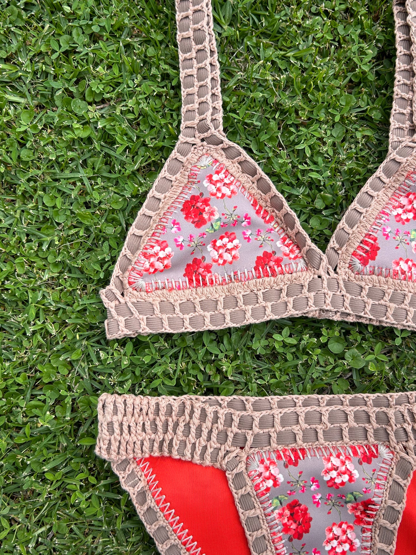 Folklor | Bikini Crochet Print Floral Reversible a Coral