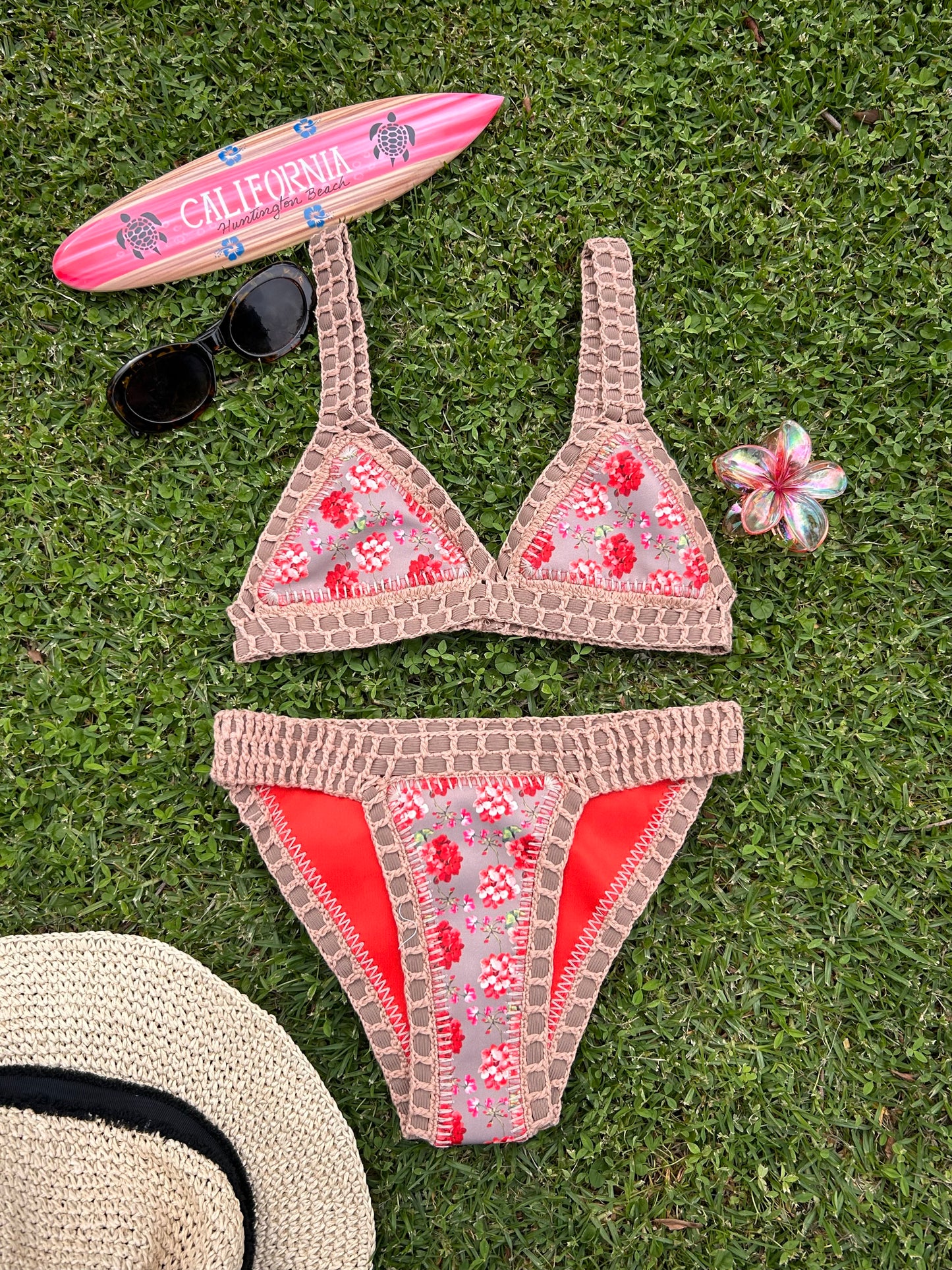Folklor | Bikini Crochet Print Floral Reversible a Coral
