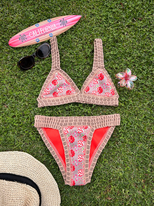 Folklor | Bikini Crochet Print Floral Reversible a Coral