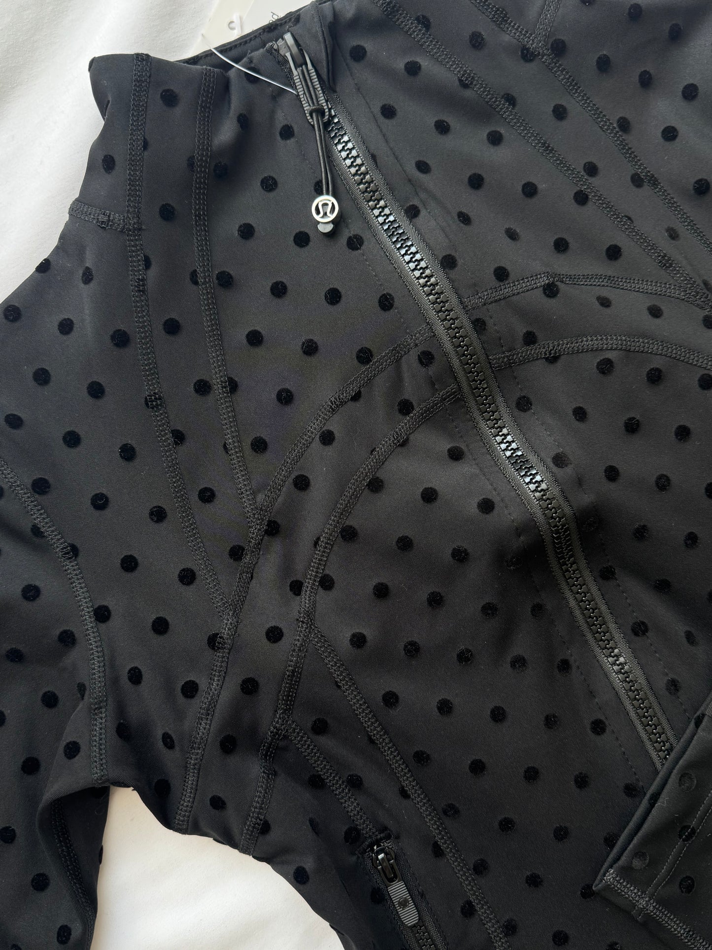 Conjunto 3 piezas define jacket, top y legging lululemon negro puntos polka